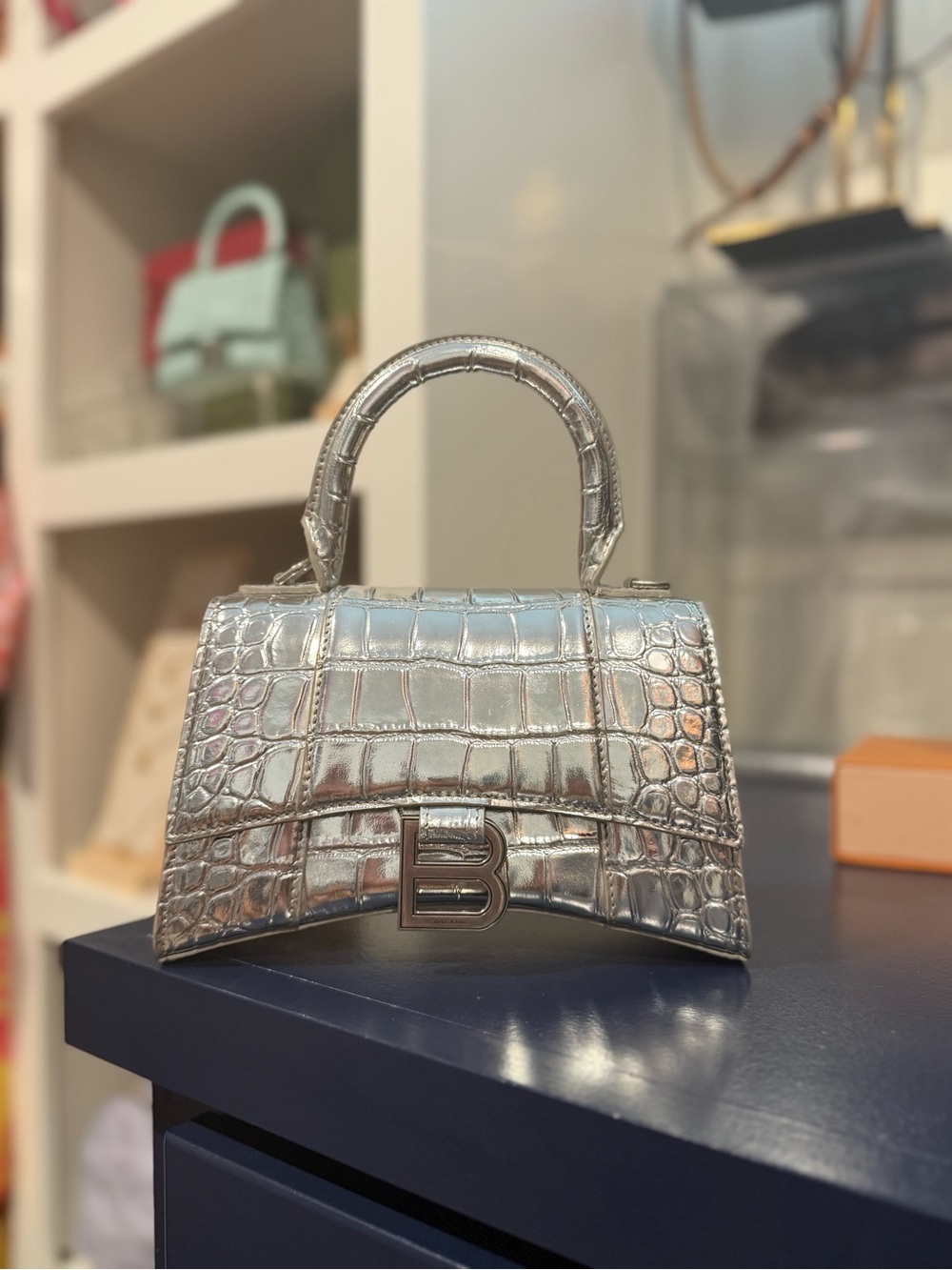 Balenciaga silver Croc-Embossed Top Handle Bag
